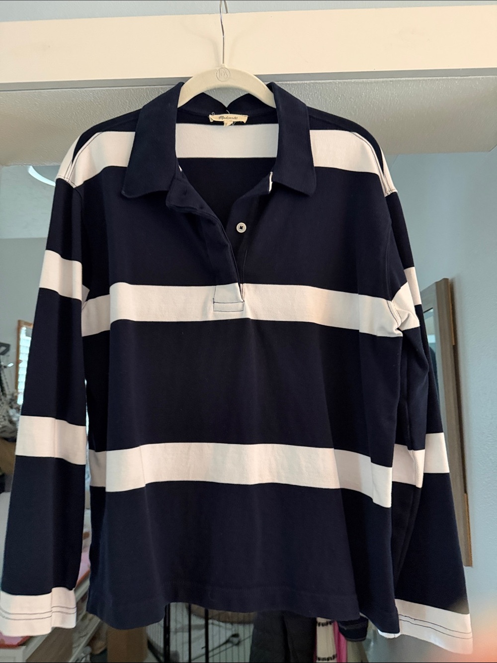 Madewell Long-Sleeve Rugby Polo Shirt - Navy and White Stripes
